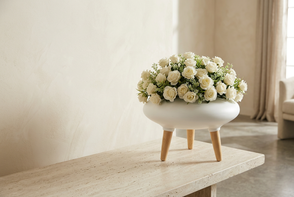 Contemporary Ceramic Pedestal Vase with Faux White Roses