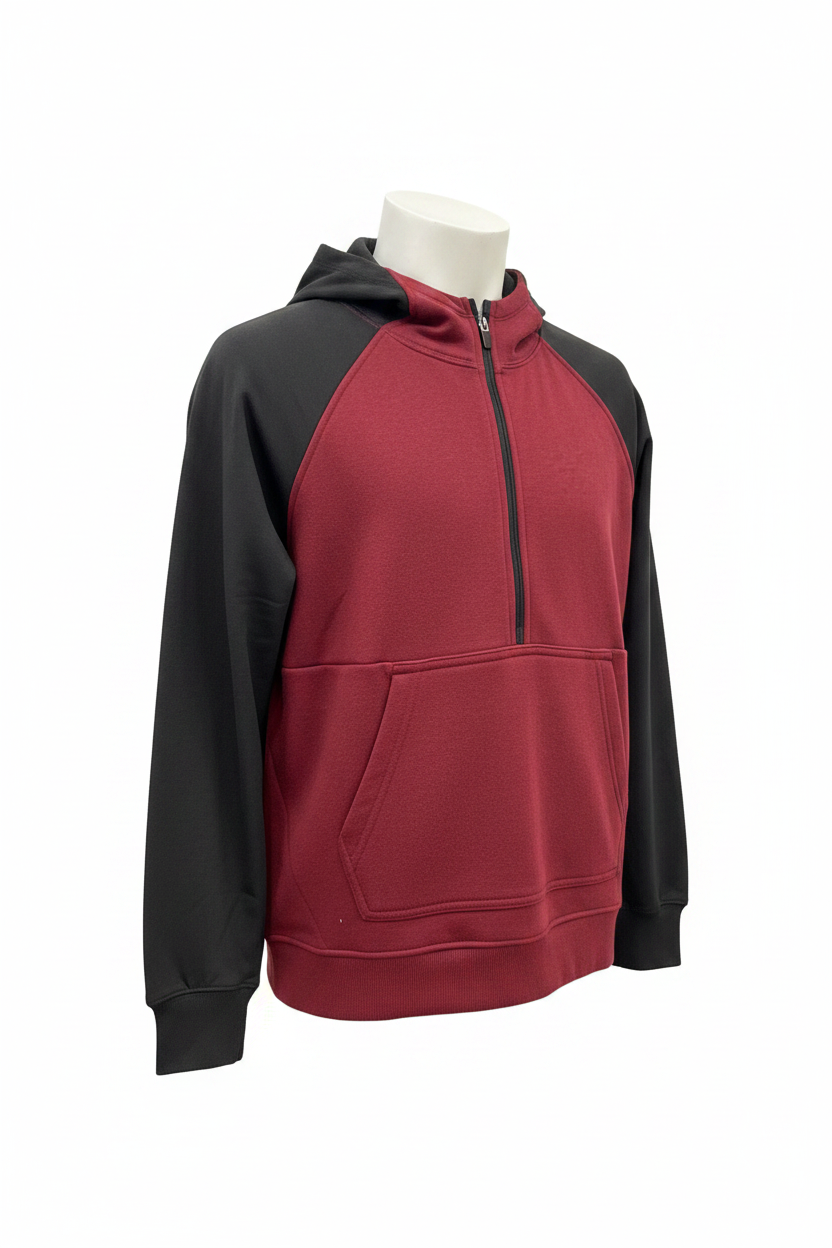 MTA Sport red and black hoodie on mannequin, side view