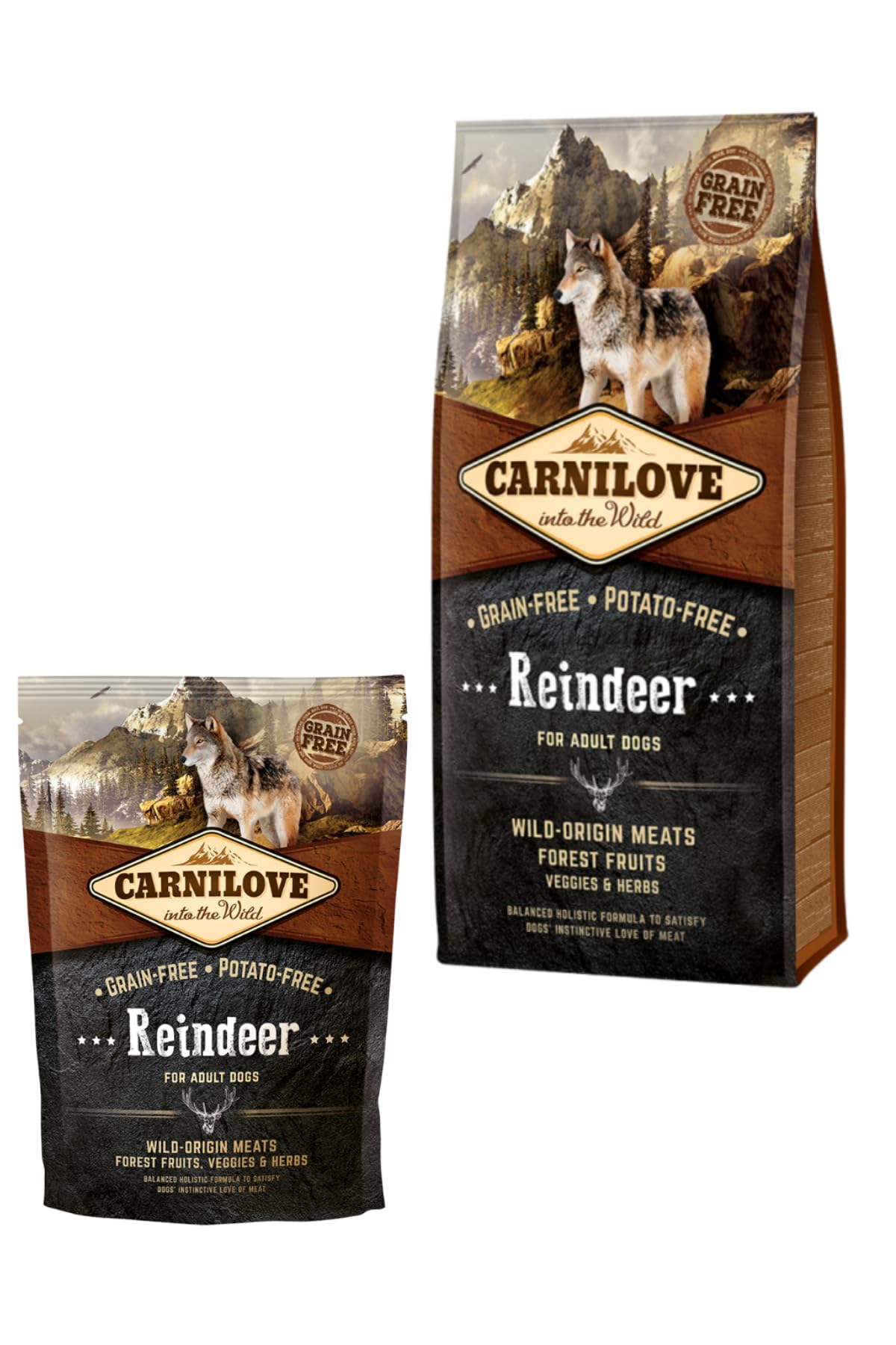 Carnilove reindeer dog food large and small bags, front view