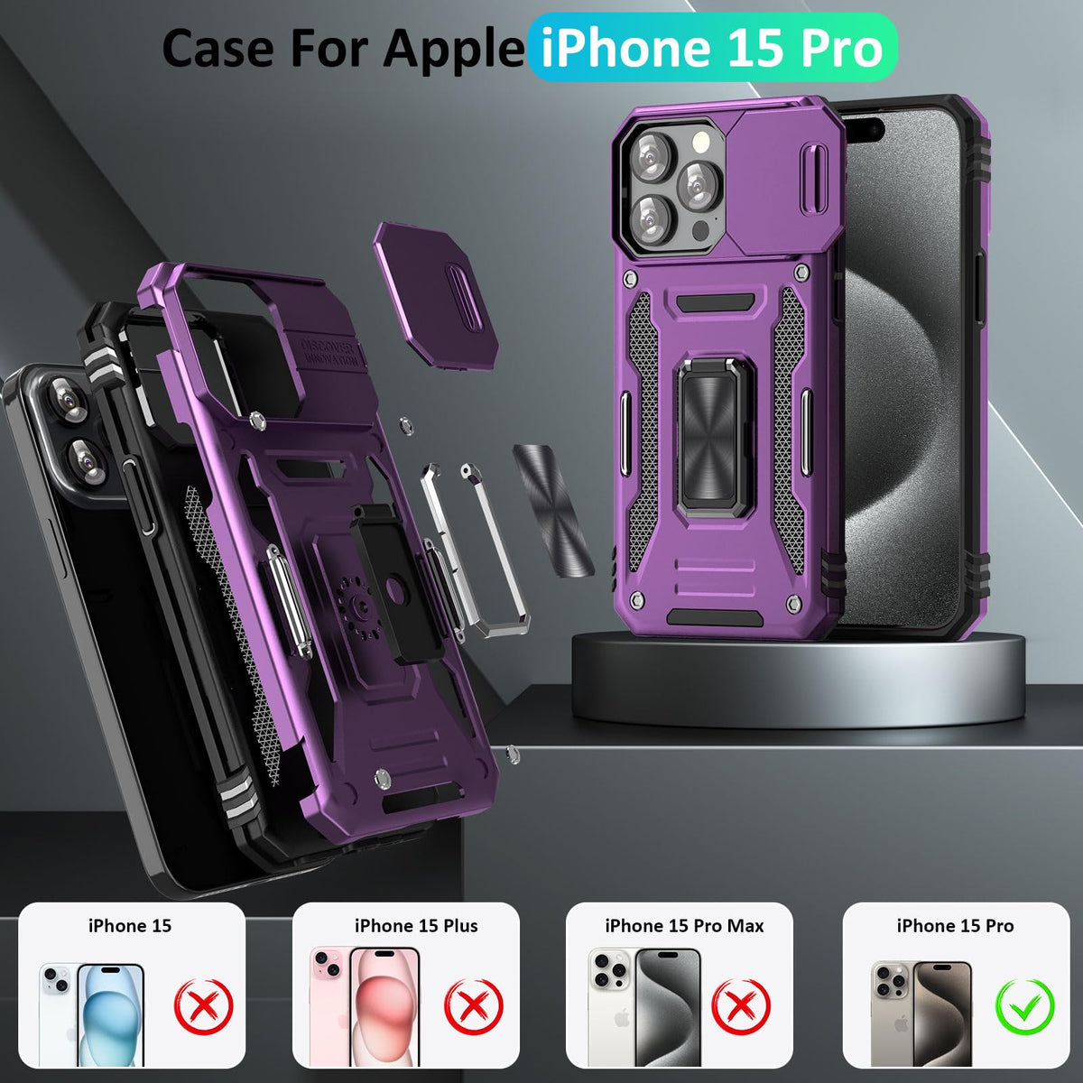 Purple UKLCCU case parts exploded view, fits iPhone 15 Pro only