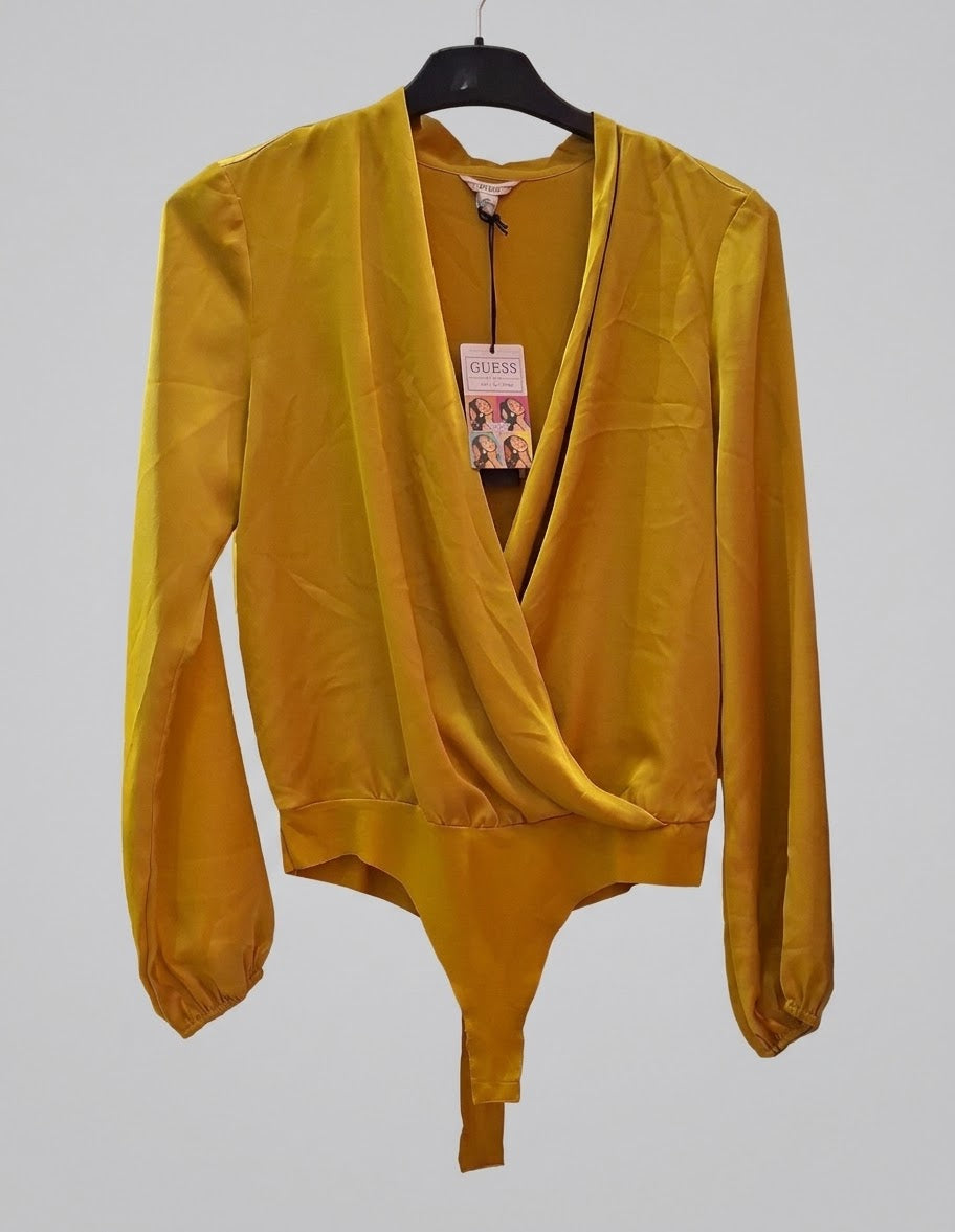 Guess Women's Long-Sleeve Wrap Bodysuit - Mustard Yellow