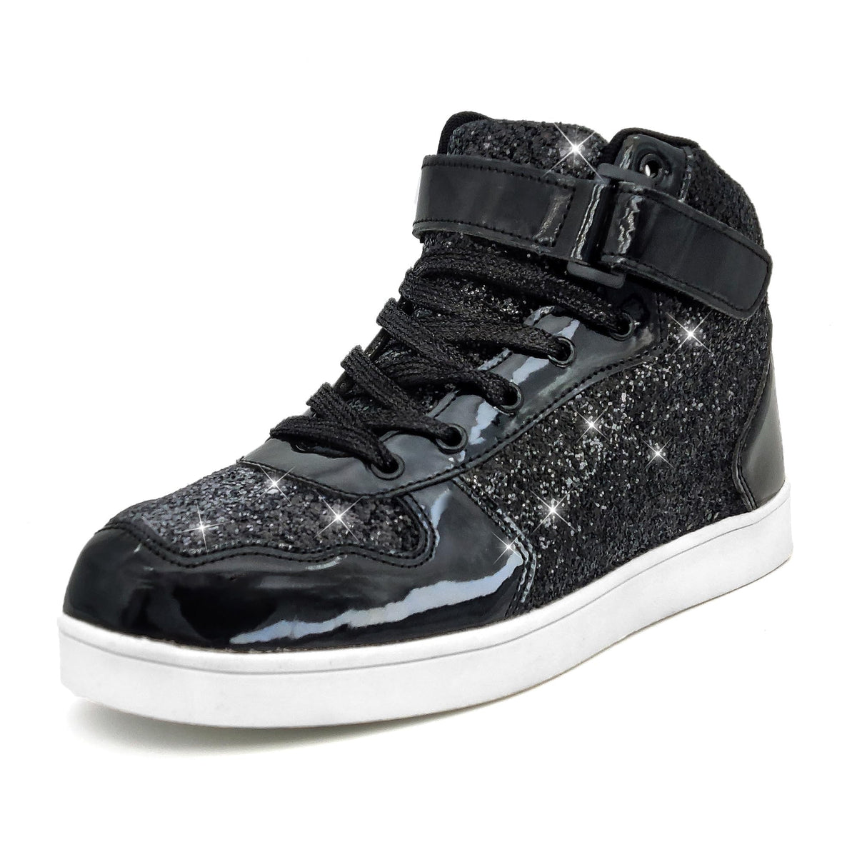 Single black glitter high-top sneaker with velcro strap, side