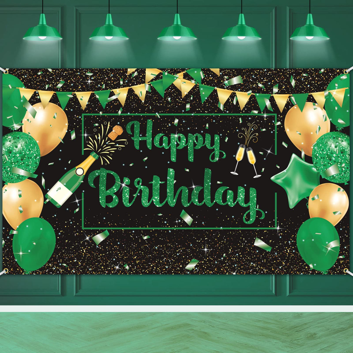 Green Black Gold Birthday Party Decoration Banner, Green Black Happy Birthday Backdrop Banner, Large Green Black Gold Birthday Banner Photography Background Party Decoration for Men Women Boys Girls