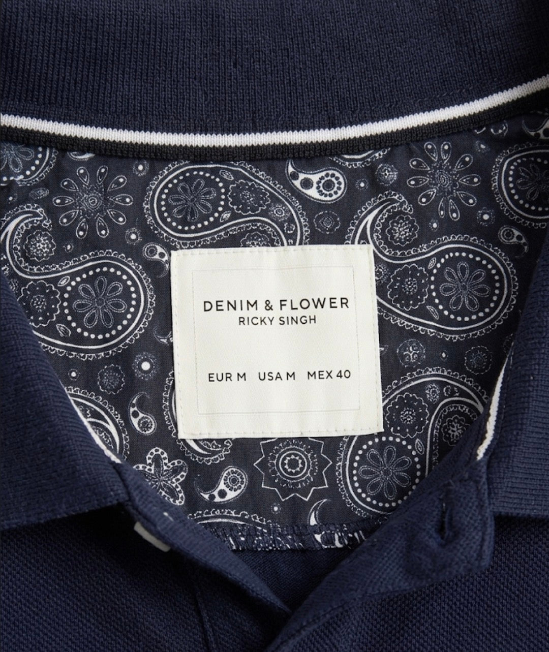 Denim & Flower Ricky Singh Navy Polo T-Shirt With White Line Accents