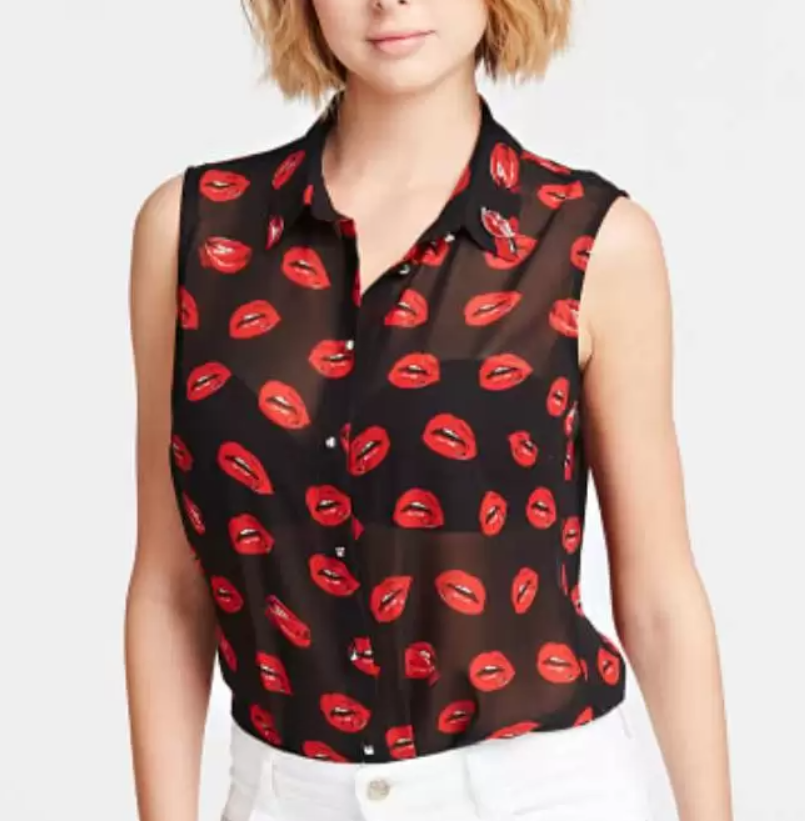 Guess Women'S Red Lips Print Sleeveless Shirt – Black