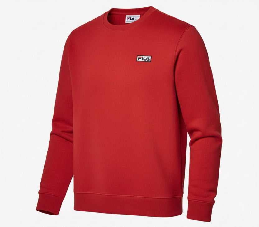 Fila red crew sweatshirt, angled view