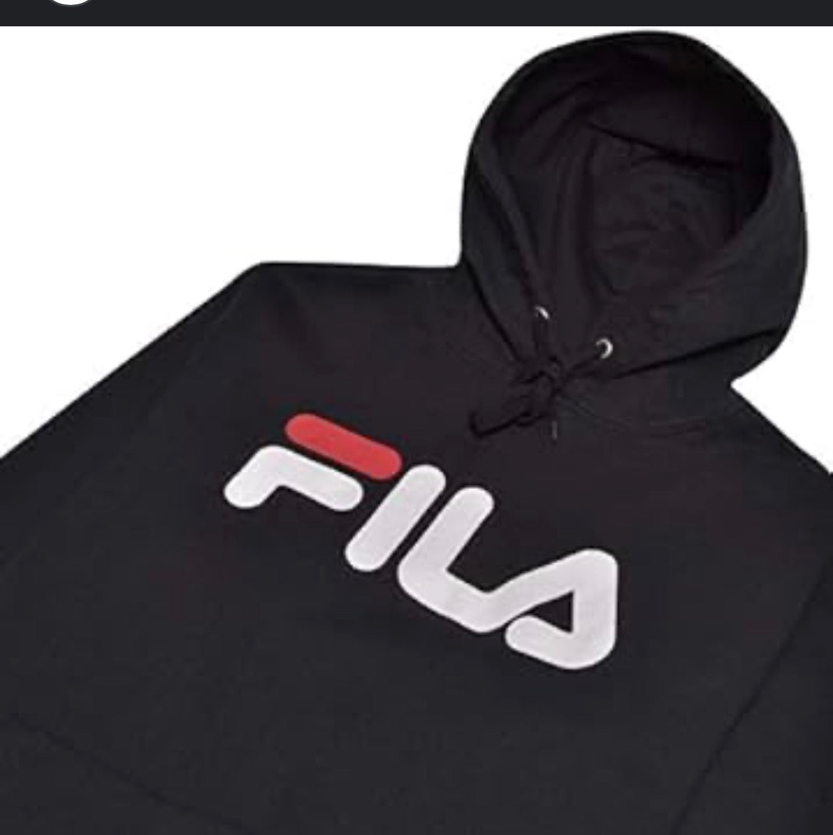 Close-up of large red and white Fila logo on black hoodie