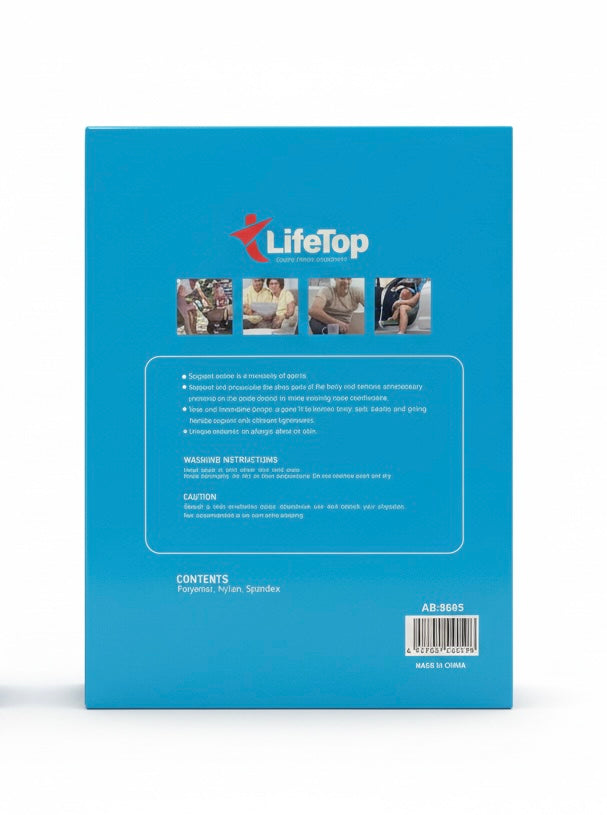 Back of blue Life Top back support box with product details