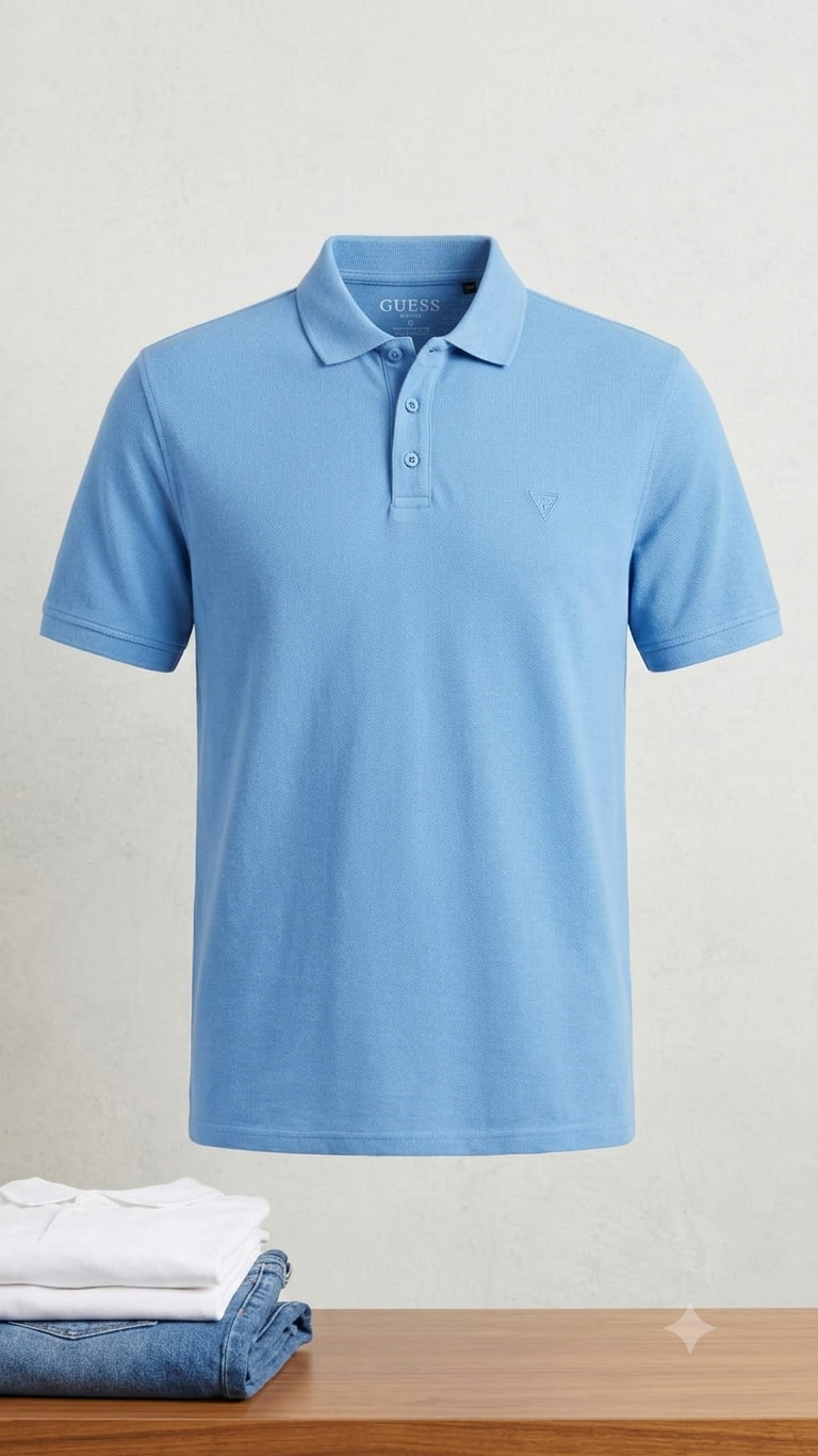 Guess Men'S Short Sleeve Polo Shirt – Cornflower Blue Pique Cotton Blend