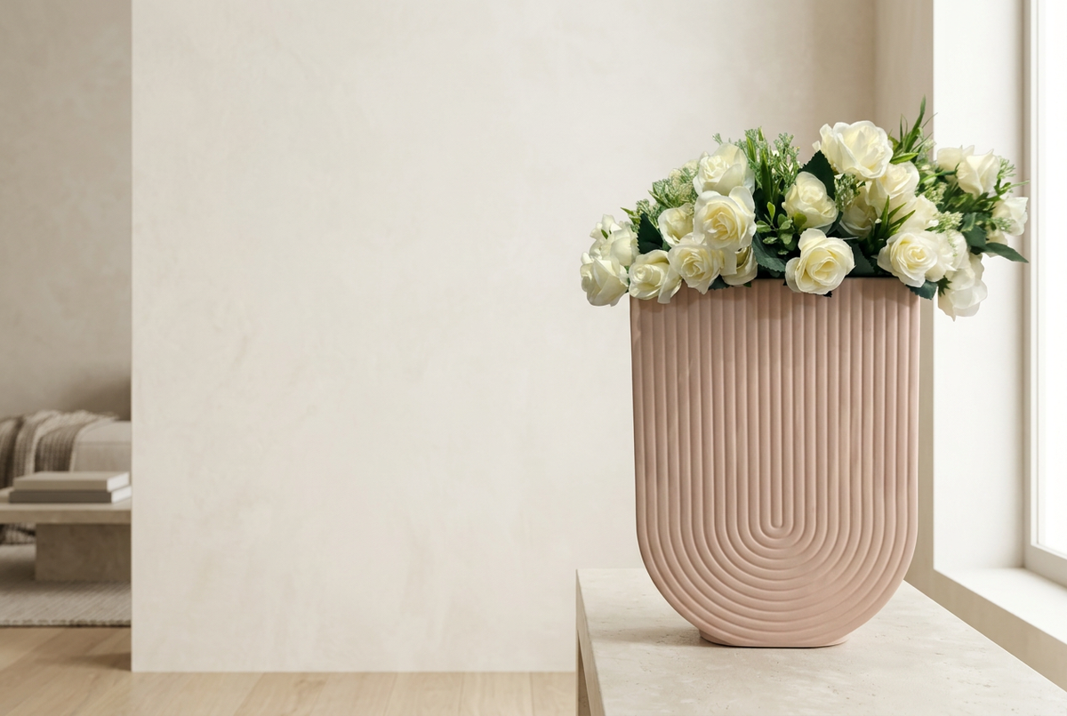 Modern Ribbed Arch Ceramic Vase with Faux White Roses