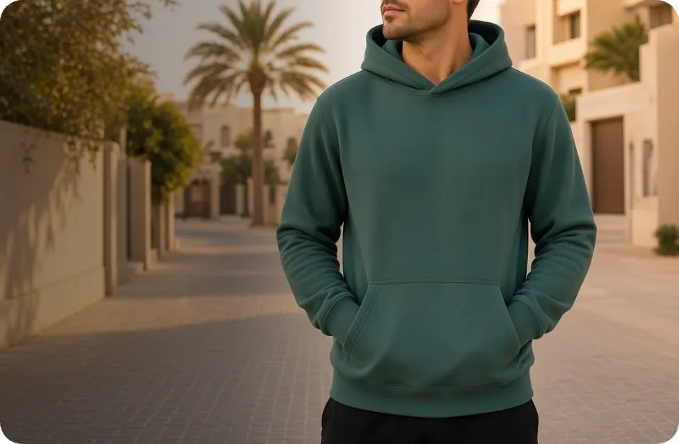 Man wearing a green hoodie on a sunny Dubai residential street