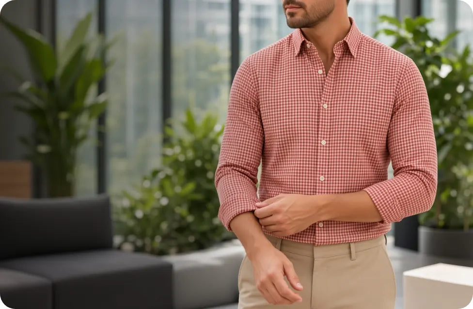 Man wearing a red gingham button-down shirt in a bright office lobby