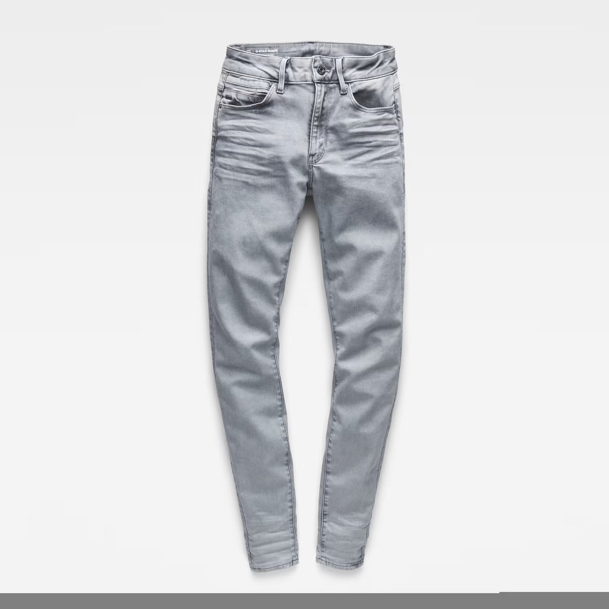 Packaging view of light blue skinny jeans with a high waist and super skinny fit.