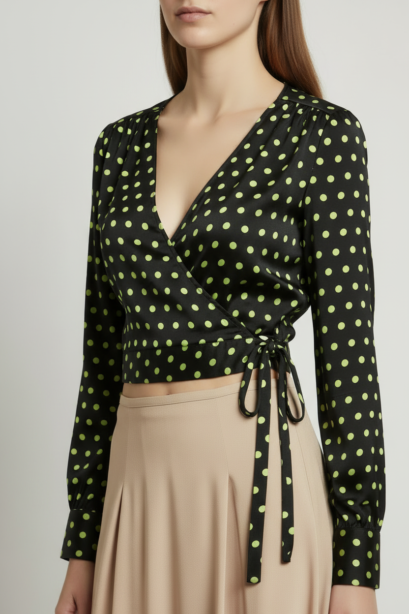 Guess charcoal and lime polka dot wrap top with long sleeves, angled view on model