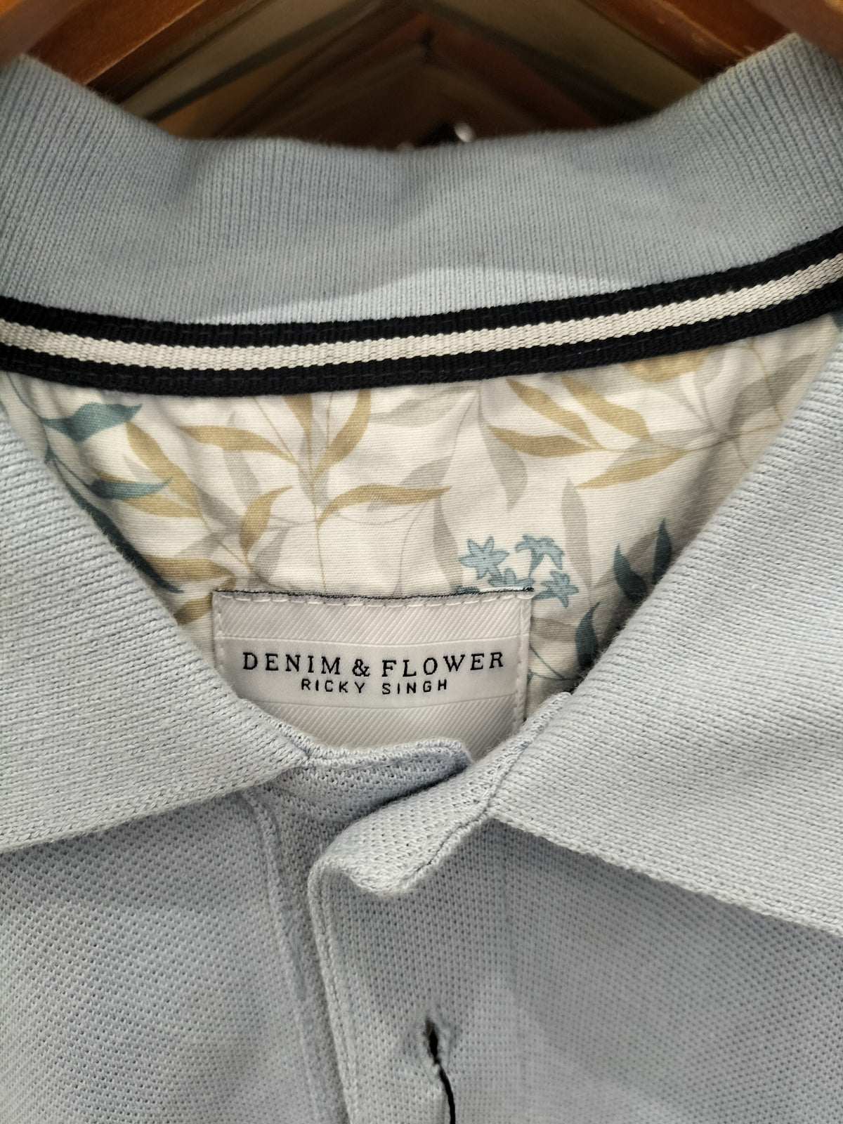 Denim & Flower Ricky Singh Light Blue Polo T-Shirt With White Floral Interior