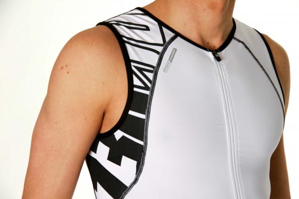ZEROD white singlet front zip and patterned panel on model, close-up