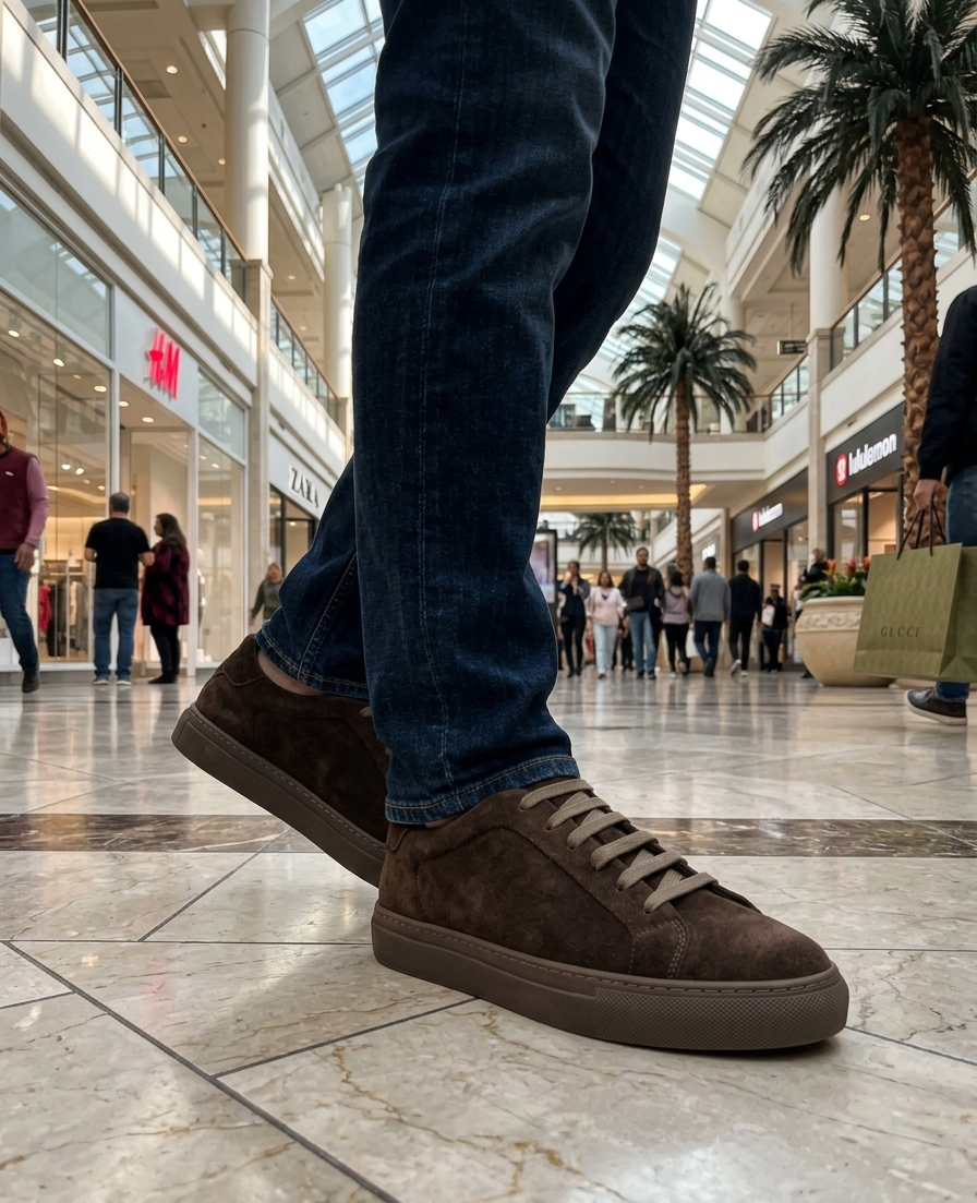 Man wearing brown suede sneakers with jeans in a mall