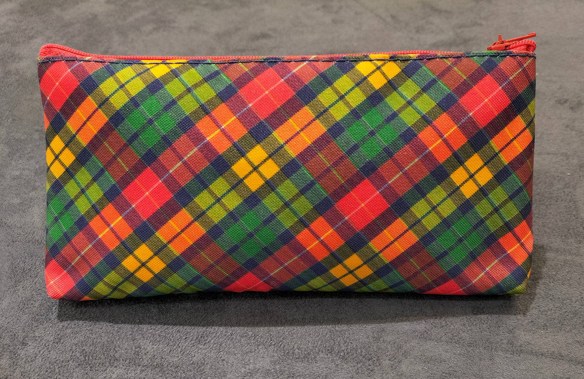Zippered Utility Pouch With Red And Green Criss-Cross Pattern