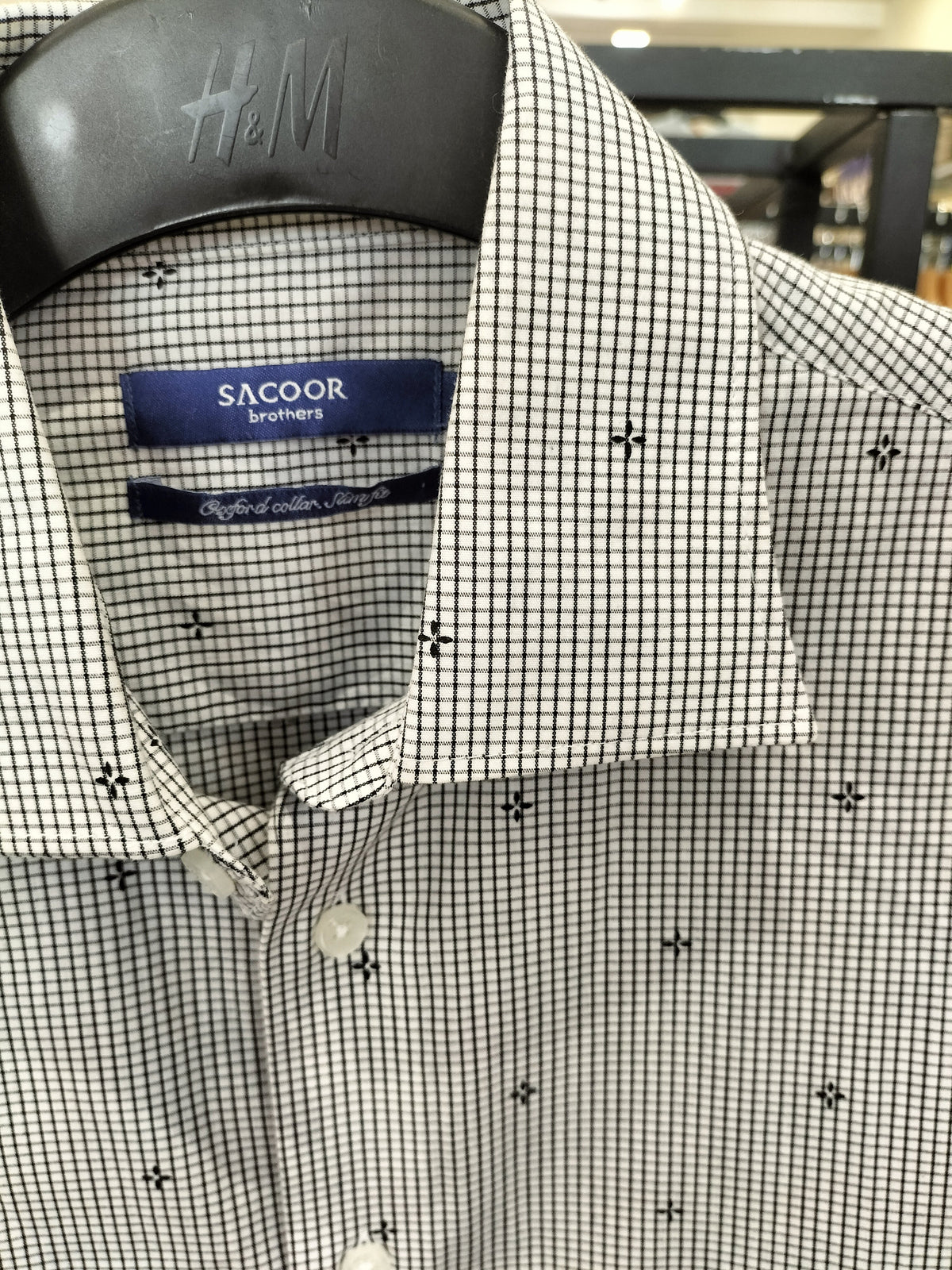 Sacoor Brothers Men'S Grey Stripe & Cross Motif Slim Fit Dress Shirt