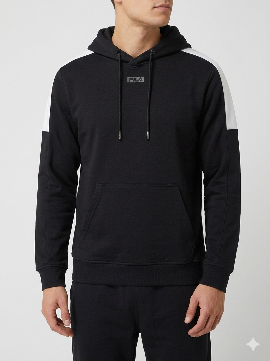 Man wearing Fila black hoodie with white shoulder panel