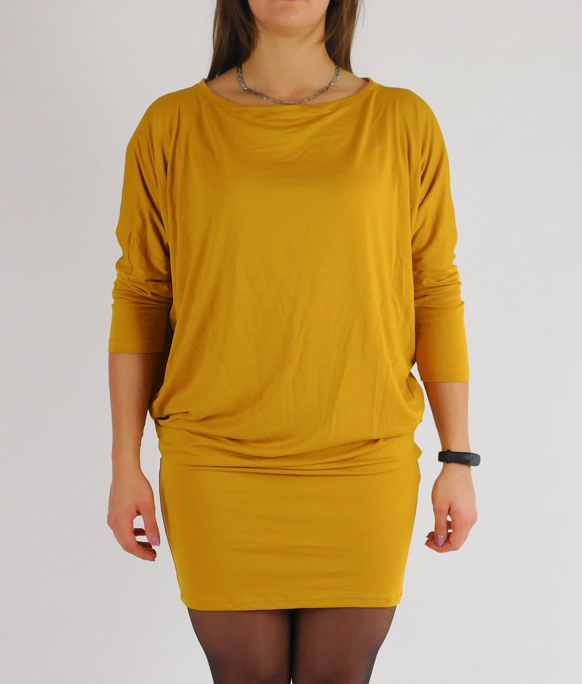 Forever21+ plus long-sleeve draped-neck mini women dress with a gathered waist masterd color