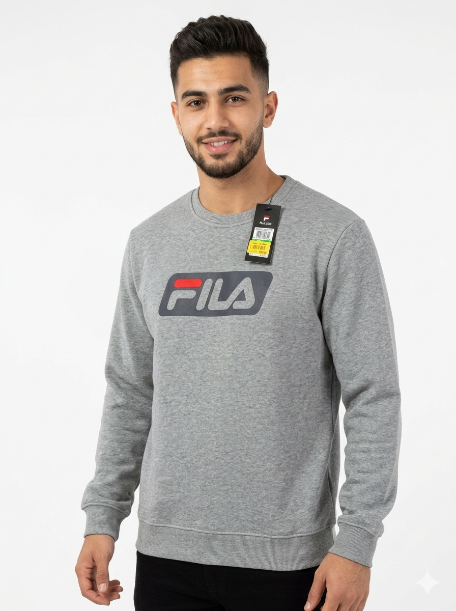 Man in Fila grey logo sweatshirt with tag