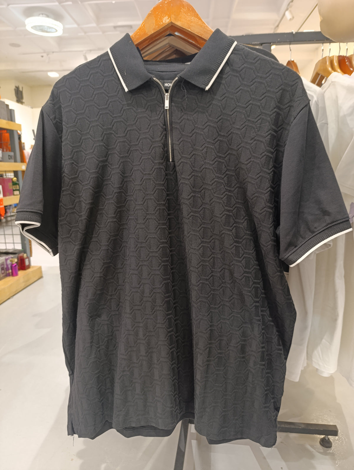 Novamen Black Polo Shirt With Hexagon Patterns