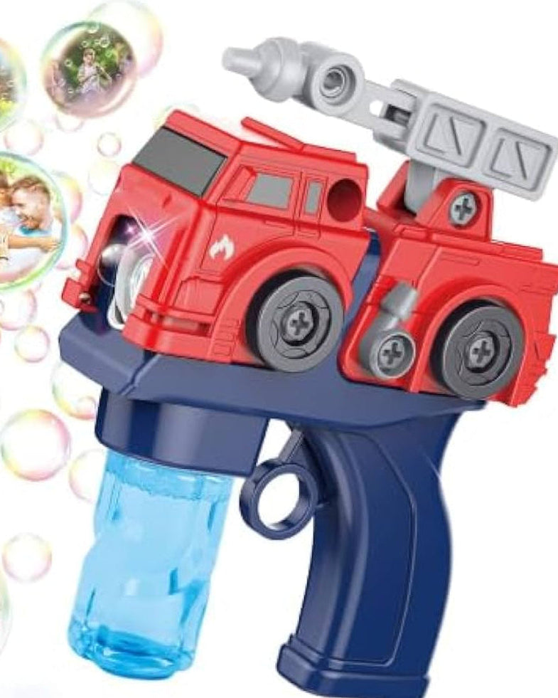 Colorland fire truck electric bubble gun with blue bottle, close-up