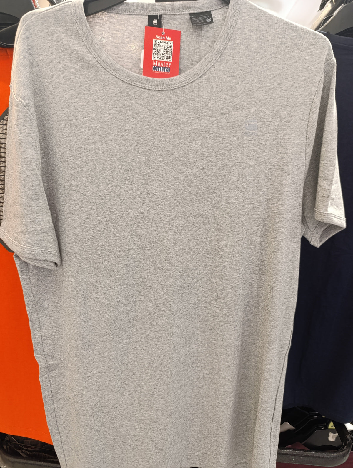 Heather grey men's crew-neck T-shirt with tag on hanger