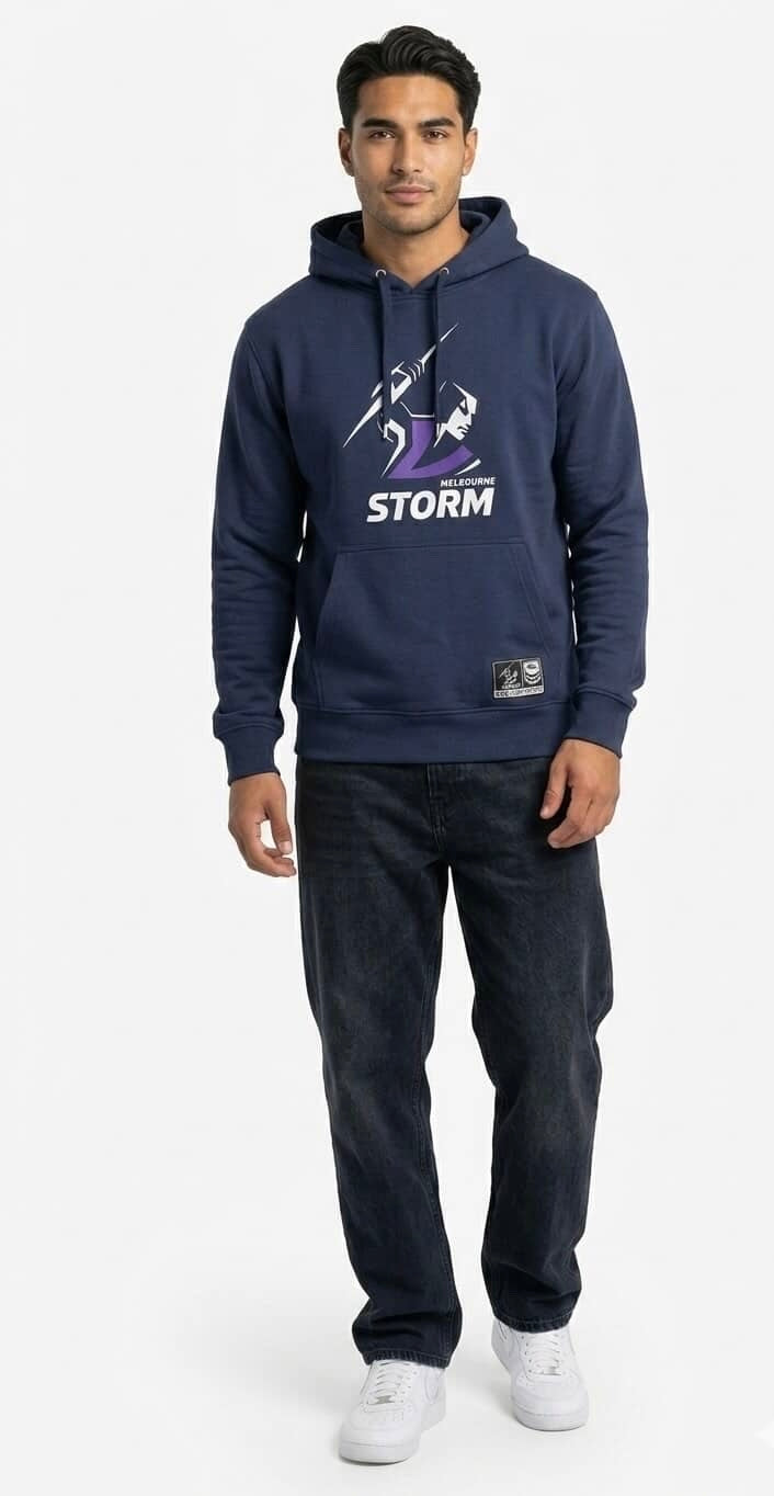 Man wearing NRL Melbourne Storm navy hoodie