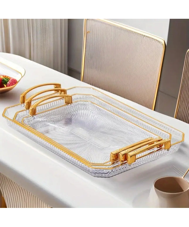 3pcs Phnom Penh Transparent Plastic Fruit Tray Set with Handles - Uncharged Rectangular Serving Platters for Food and Candy Display - Includes Large, Medium, Small Sizes