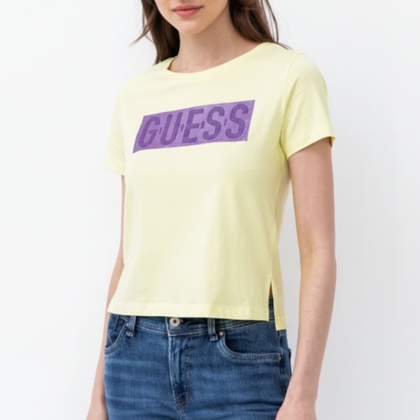 Clearance of Guess T-Shirt – Women's Classic Logo T-Shirt – Yellow