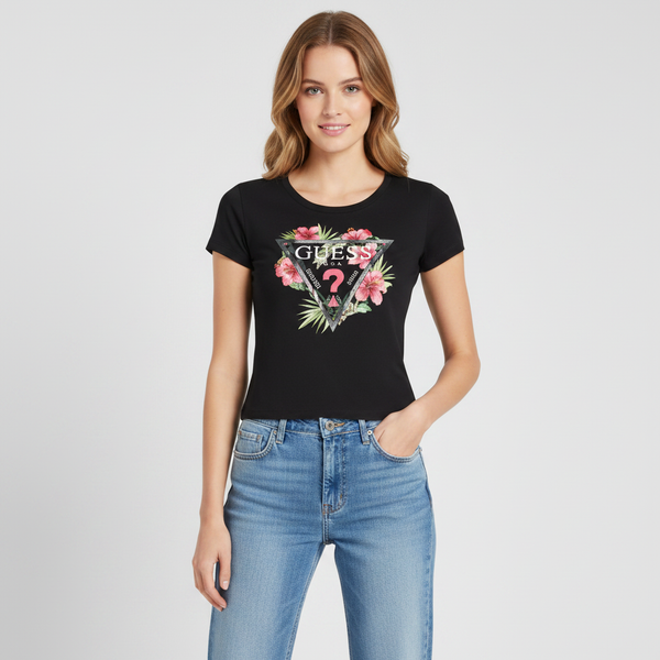 Clearance of Guess T-Shirt – Women's Floral Print Icon Logo – Black