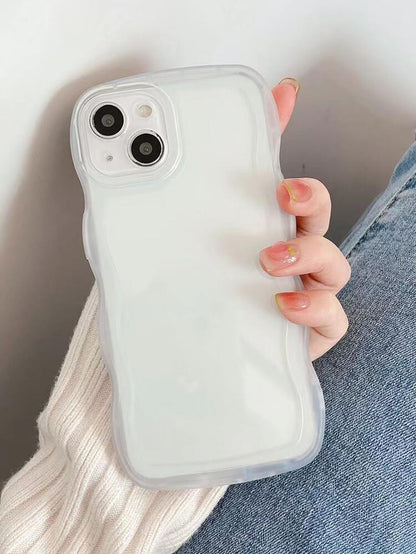Hand holding iPhone 14 in JETech clear wavy-edge bumper case