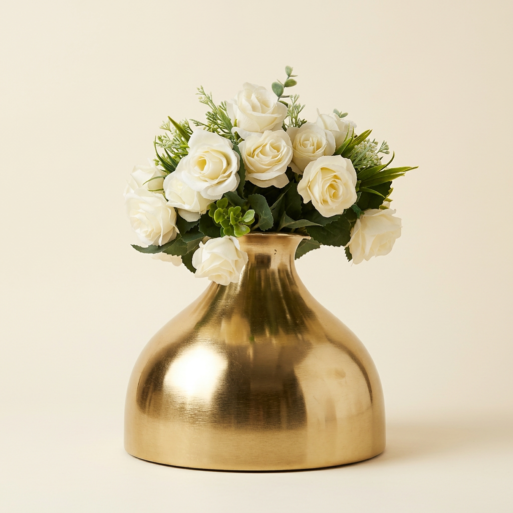 Modern Dome Gold Metallic Vase with Faux White Rose Bouquet