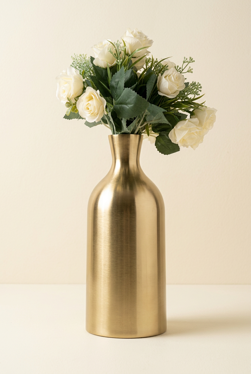 Modern Gold Metallic Vase with Faux White Rose Bouquet