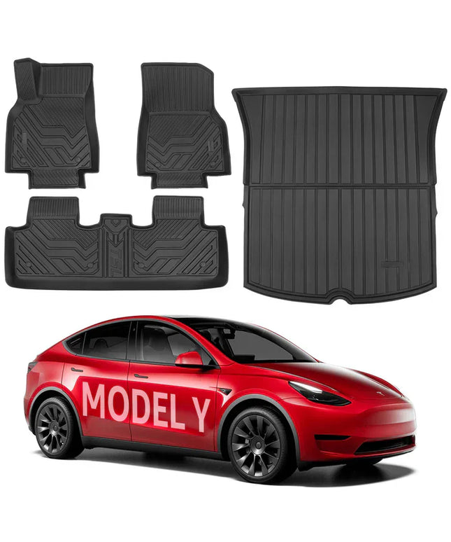 BASENOR 4PCS Tesla Model Y Floor Mats TPE All-Weather Floor Liners & Trunk Mat Set Rear Cargo Liner Interior Accessories for 5-Seater Model Y 2020-2023