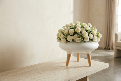 Contemporary Ceramic Pedestal Vase with Faux White Roses