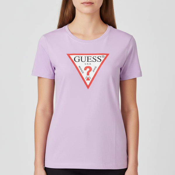 Clearance of Guess T-Shirt – Women's Triangle Logo T-Shirt – Purple