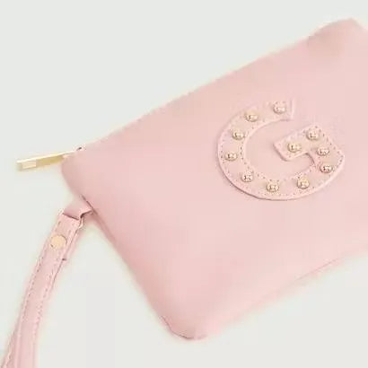 Gloo Studded Alphabet G Pouch, open with zipper visible. Silver pouch with black studs forming the letter 'G'. Wrist strap attached with tag.