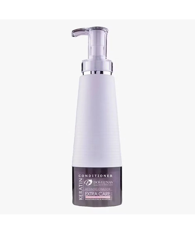 White bottle with blue accents and pump dispenser of Dos Lunas Keratin Extra Care Conditioner (500ml). Close-up view with conditioner being poured onto hand.