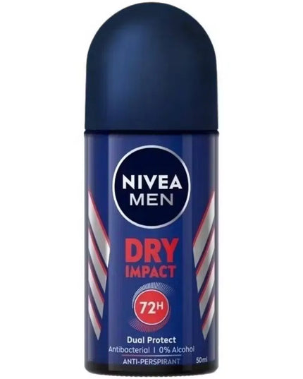 Close-up of Nivea Men Dry Impact Roll-On Deodorant 50ml bottle with blue accents and active man image.
