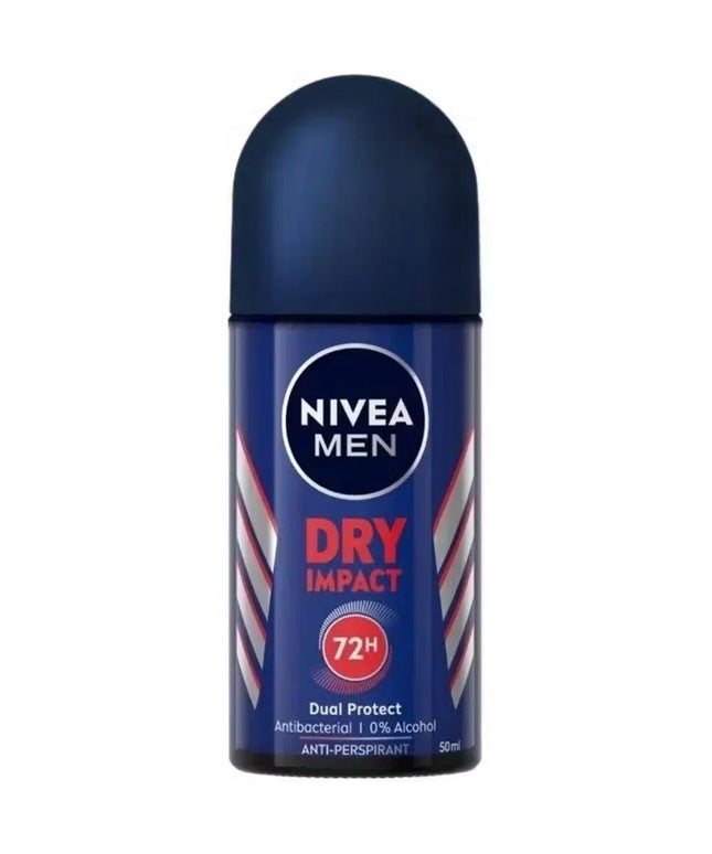 Close-up of Nivea Men Dry Impact Roll-On Deodorant 50ml bottle with blue accents and active man image.