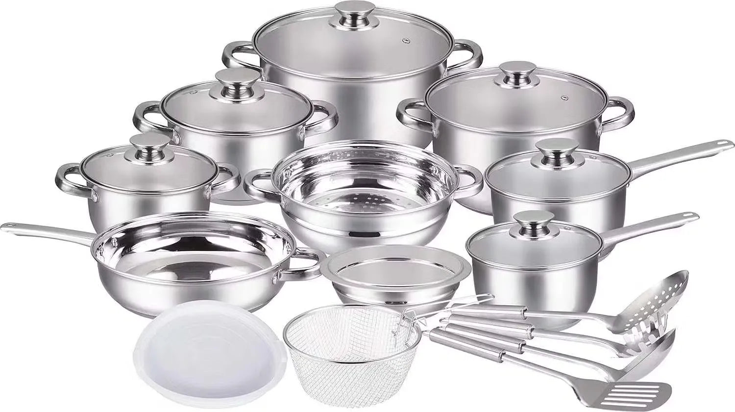 Upgrade your kitchen essentials with the Insiya 21-piece cookware set. Cook like a pro and enjoy healthy, delicious meals with ease. Insiya 21-piece stainless steel cookware set includes list of included items. Dishwasher safe and suitable for most stovetops.