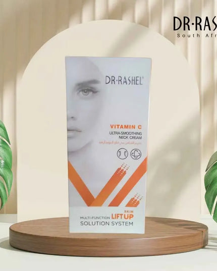 Close-up of Dr. Rashel Vitamin C Ultra-Smoothing Neck Cream 120g tube with gold accents and image of a woman with a smooth neck.