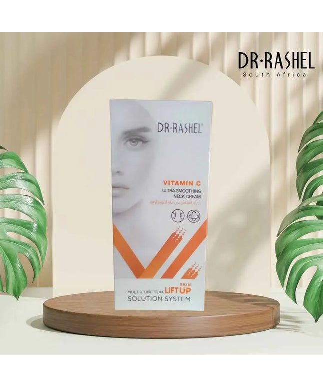 Close-up of Dr. Rashel Vitamin C Ultra-Smoothing Neck Cream 120g tube with gold accents and image of a woman with a smooth neck.