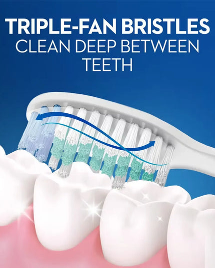 Blue Oral-B Clean, Fresh & Strong toothbrush with medium bristles and a textured tongue cleaner on the back.