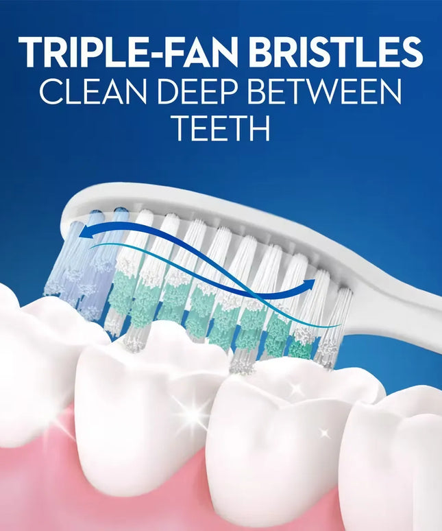 Blue Oral-B Clean, Fresh & Strong toothbrush with medium bristles and a textured tongue cleaner on the back.