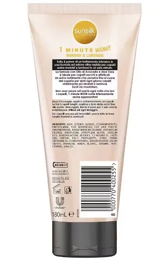 Close-up of a yellow squeeze tube of Sunsilk 1 Minute Wow Morbidi & Luminosi Conditioner highlighting its sleek design and ingredients.