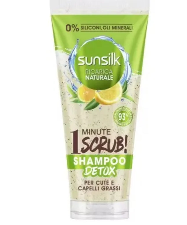 Blue bottle of Sunsilk Natural Recharge 1-Minute Scrub Detox Shampoo (200ml) with scrub particles visible. Text highlights "silicone-free" formula.